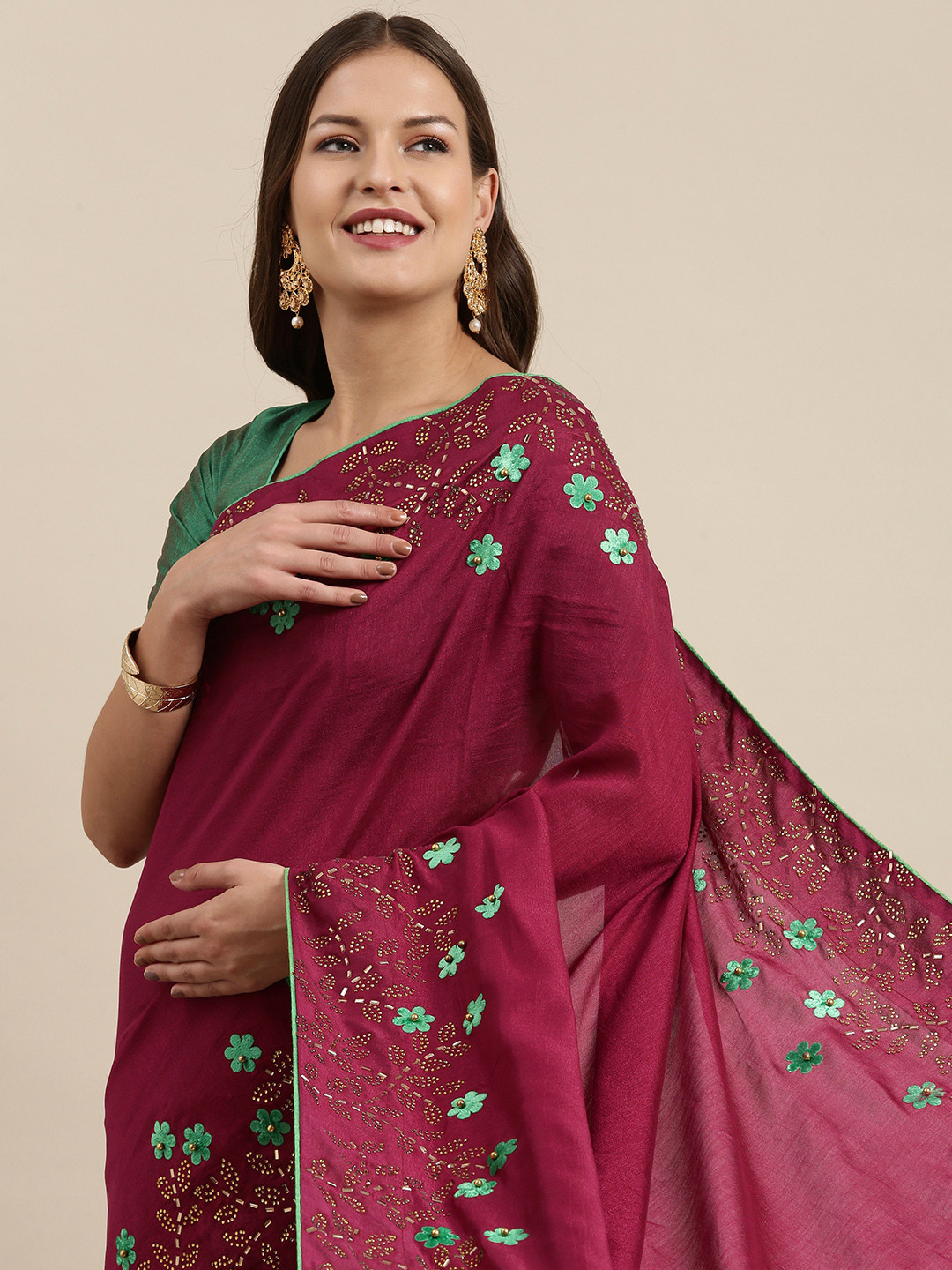 

VASTRANAND Burgundy Floral Beads and Stones Saree