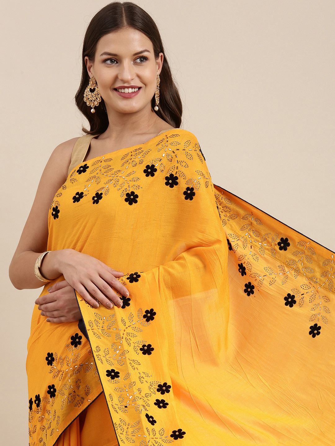 

VASTRANAND Yellow Floral Beads and Stones Saree