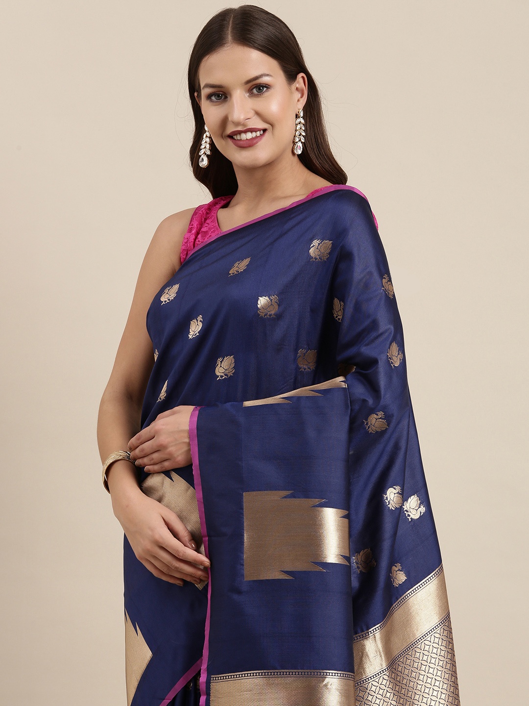 

VASTRANAND Navy Blue Zari Silk Blend Banarasi Saree