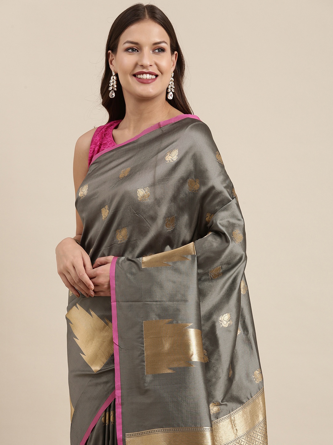 

VASTRANAND Grey Zari Silk Blend Banarasi Saree