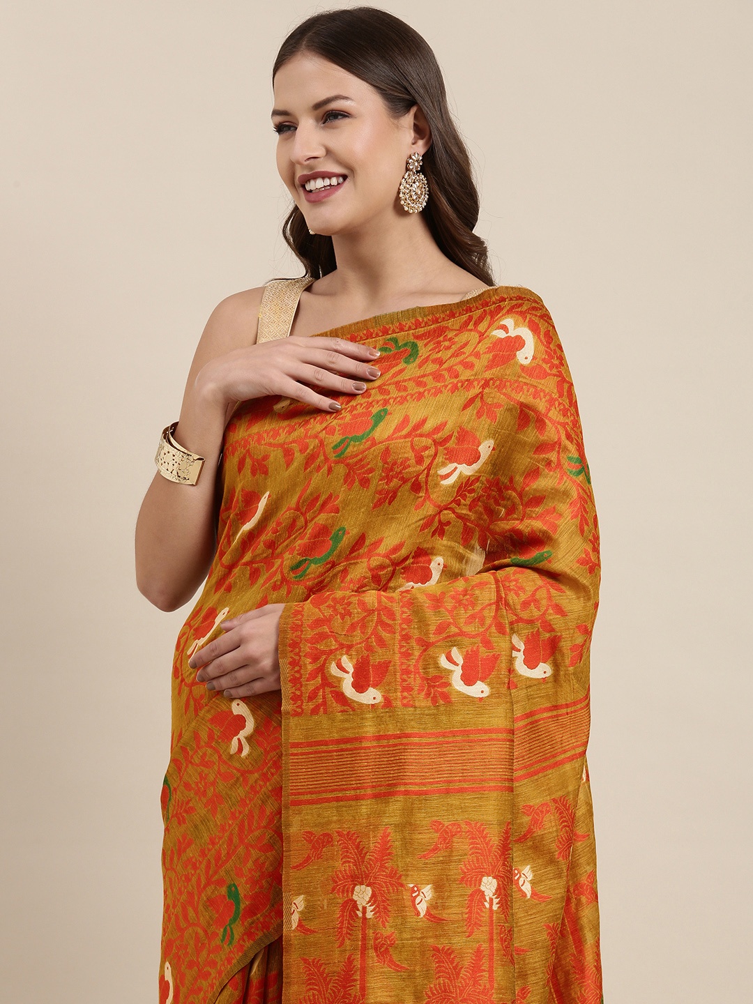 

VASTRANAND Yellow Zari Silk Cotton Jamdani Saree