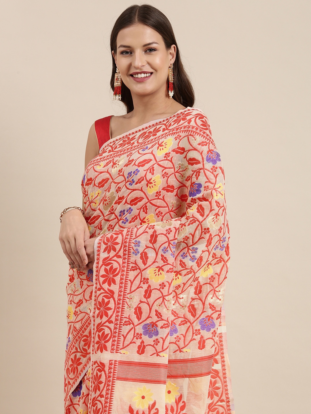

VASTRANAND Red & White Floral Zari Silk Cotton Jamdani Saree