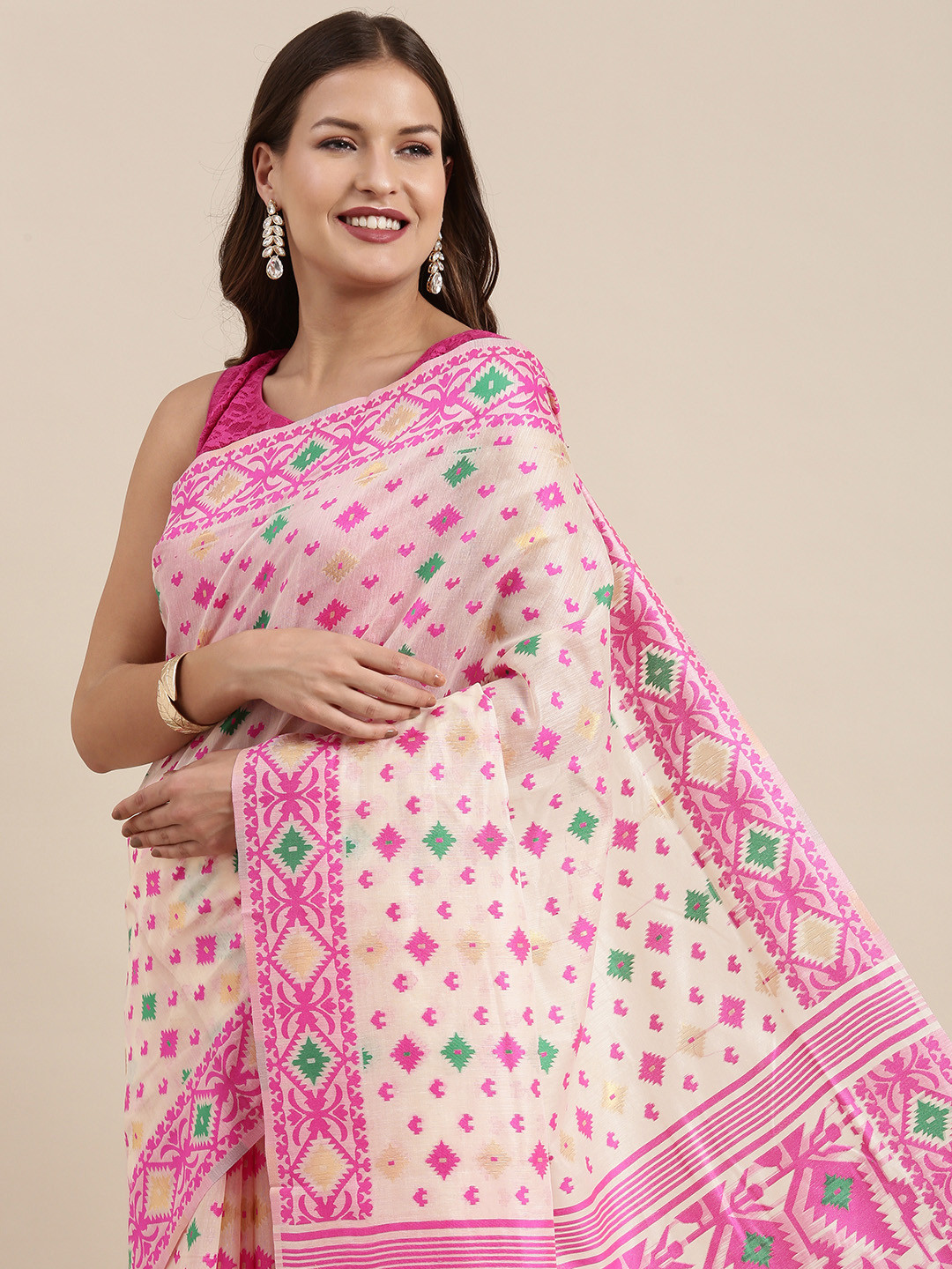

VASTRANAND Pink Zari Silk Cotton Jamdani Saree