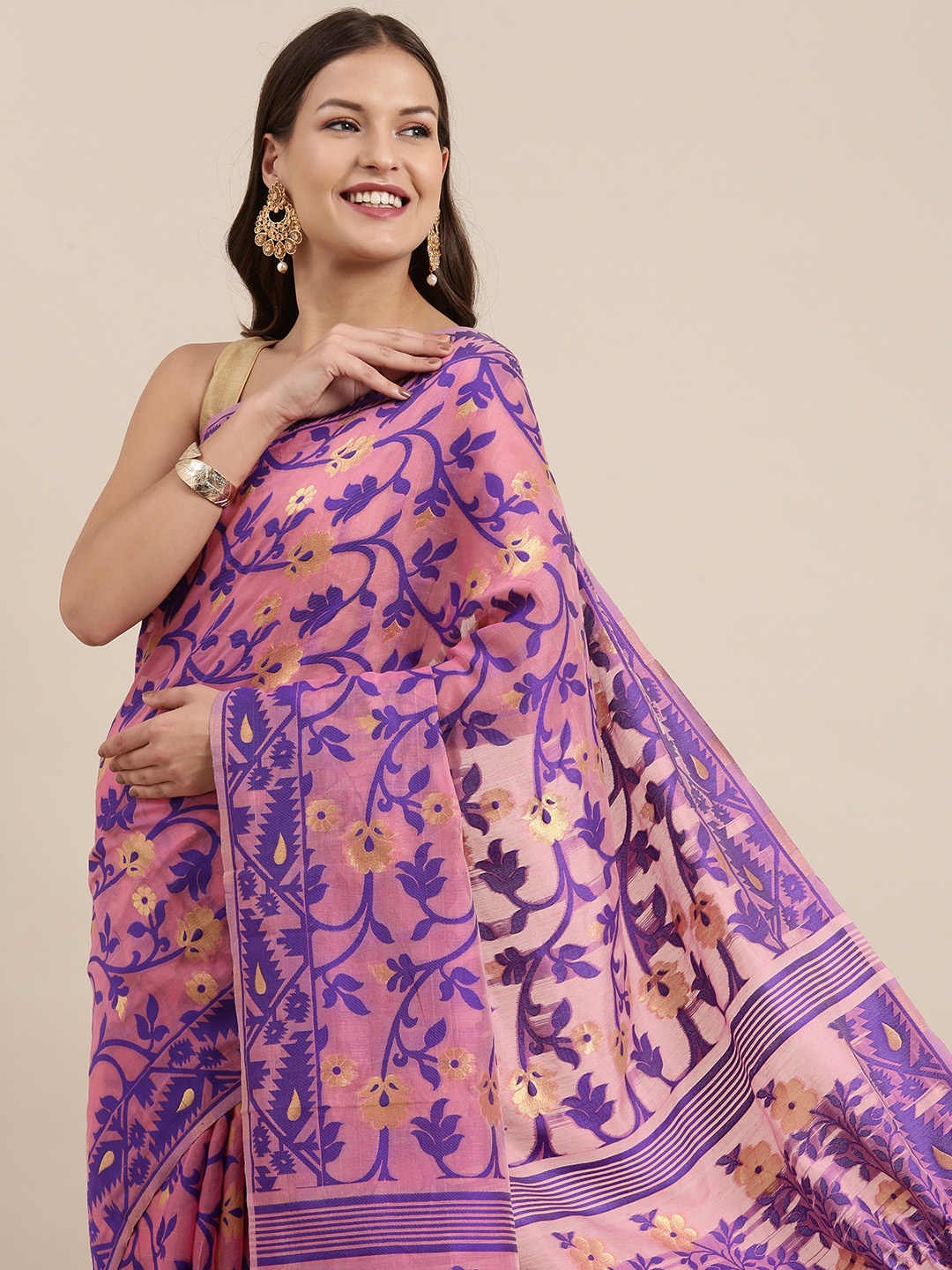 

VASTRANAND Pink & Blue Floral Zari Silk Cotton Jamdani Saree