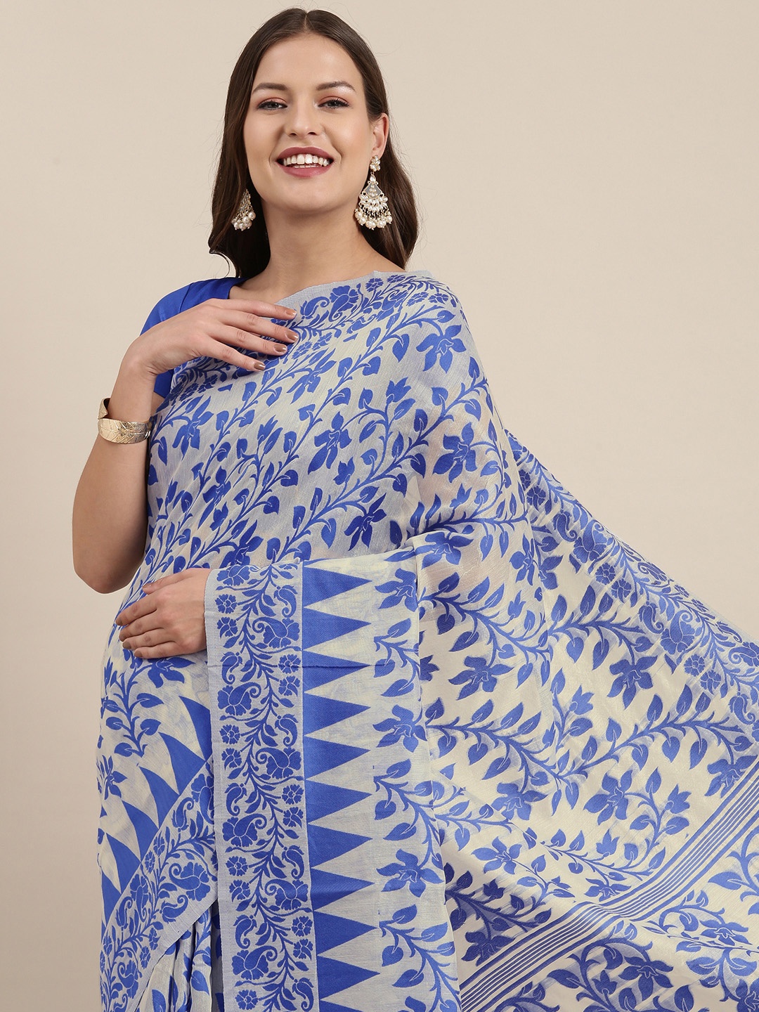 

VASTRANAND Blue & Cream-Coloured Zari Silk Cotton Jamdani Saree