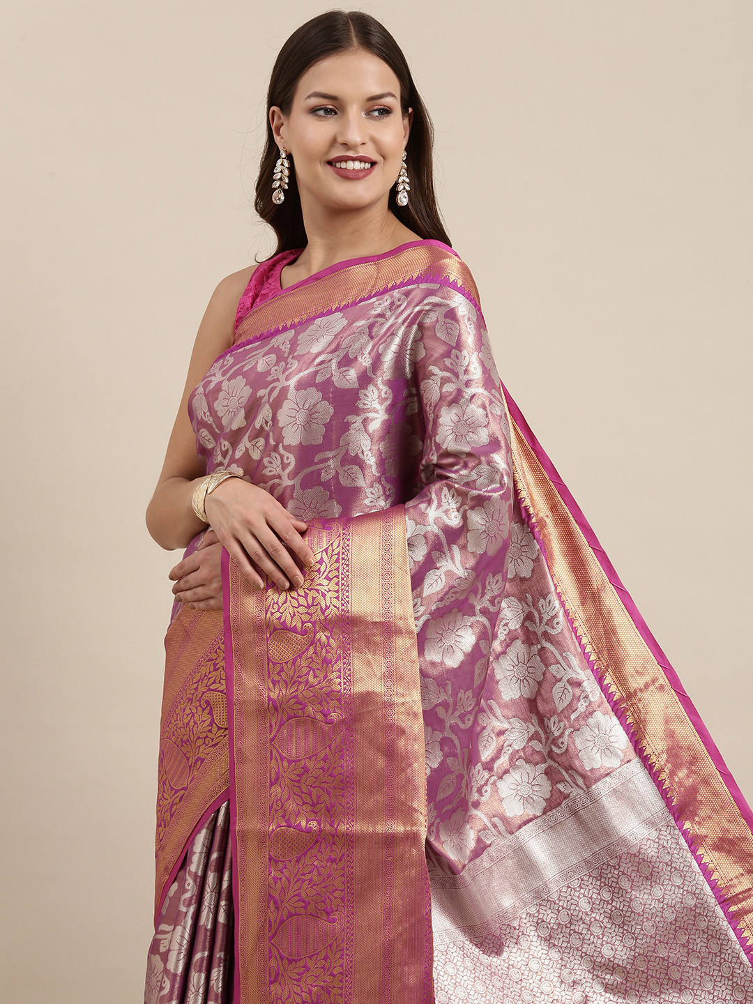 

VASTRANAND Lavender Floral Zari Tissue Kanjeevaram Saree
