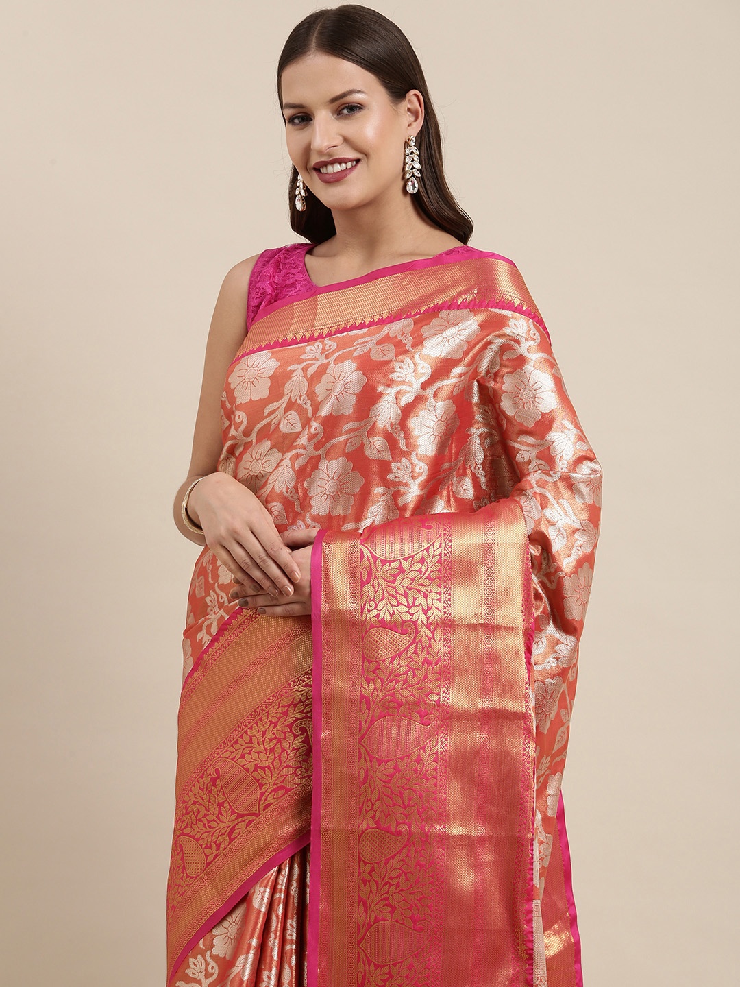 

VASTRANAND Orange Floral Zari Tissue Kanjeevaram Saree