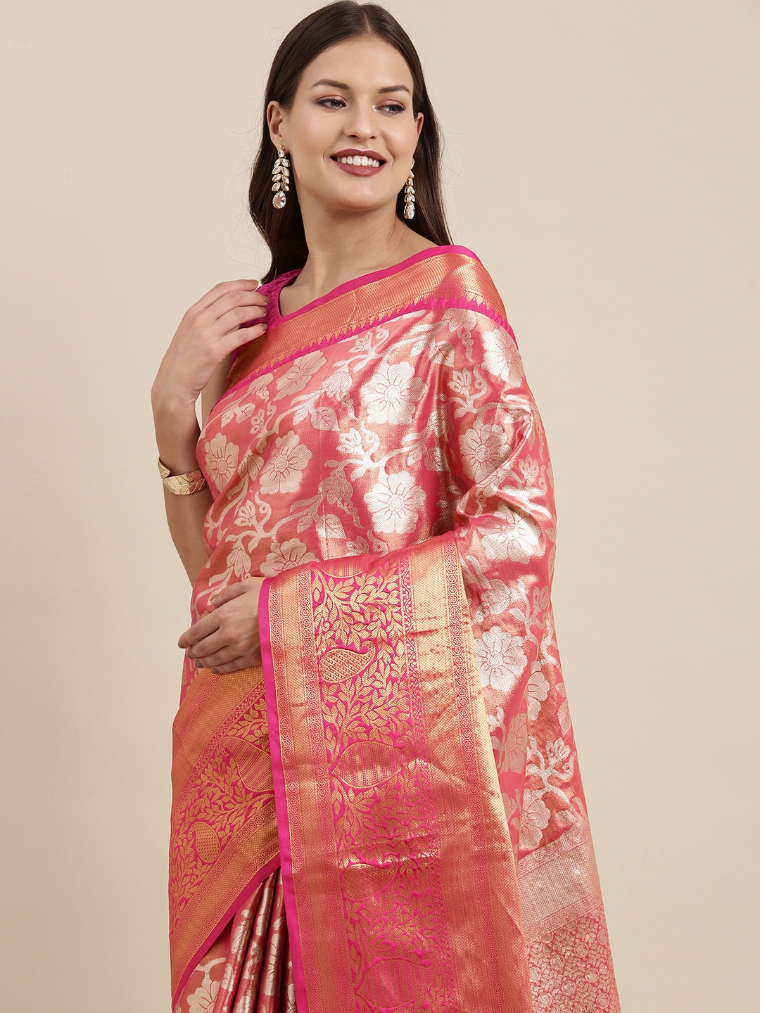 

VASTRANAND Pink Floral Zari Tissue Kanjeevaram Saree