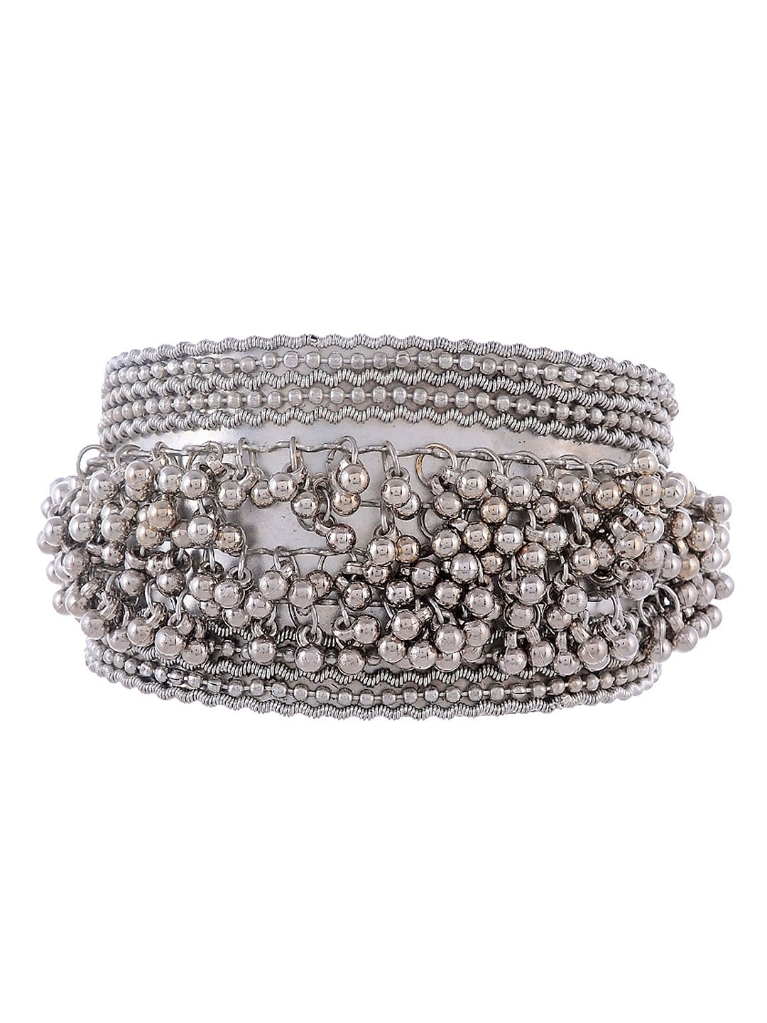 

Silvermerc Designs Women Brass Oxidised Silver-Plated Ghungroo Beaded Cuff Bracelet