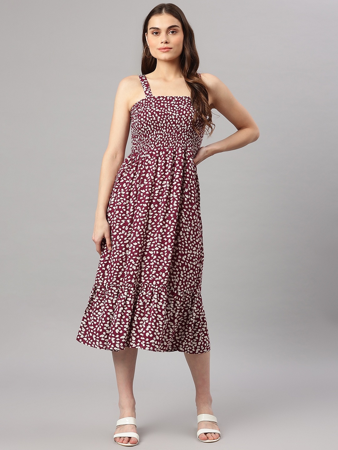

WISSTLER Maroon & Cream-Coloured Floral A-Line Smocked Dress
