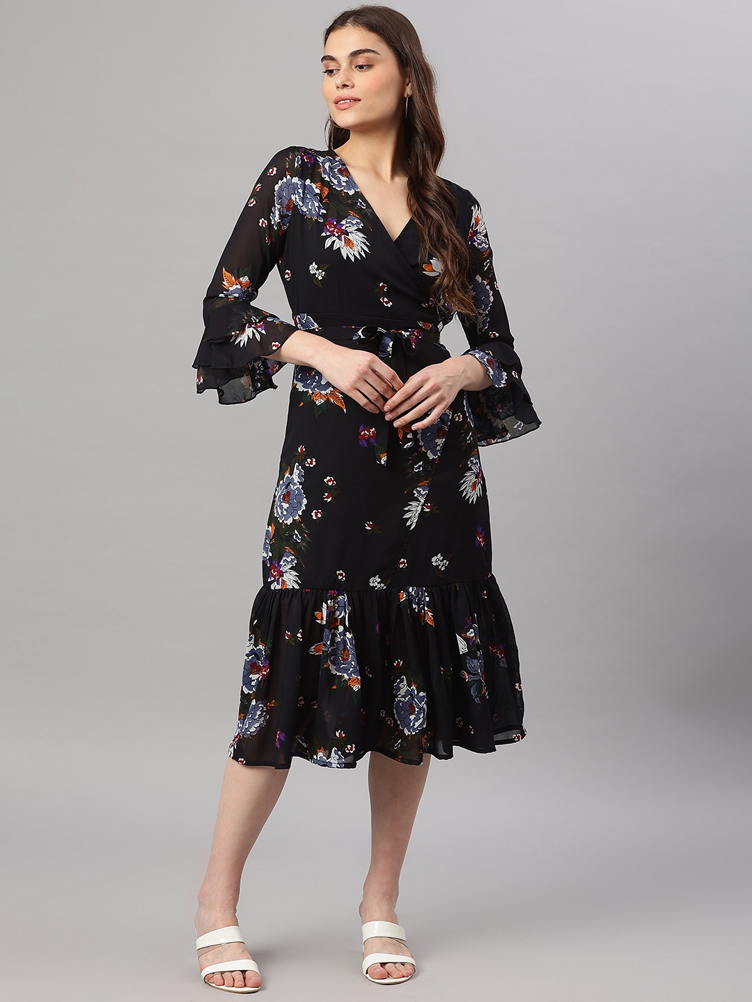 

WISSTLER Black & Blue Floral Print Georgette Midi Wrap Dress