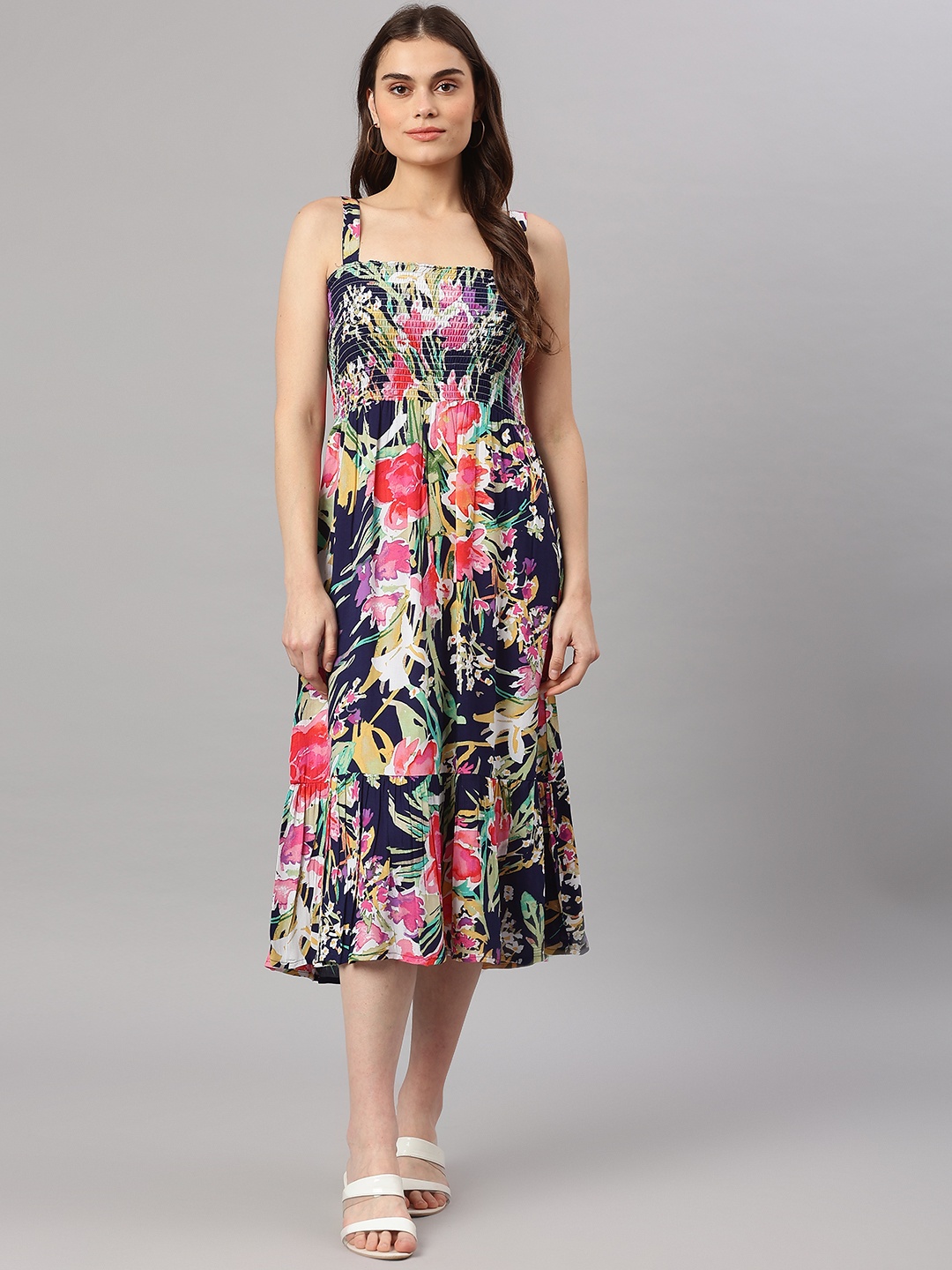 

WISSTLER Navy Blue & Red Floral Printed Smocked A-Line Dress