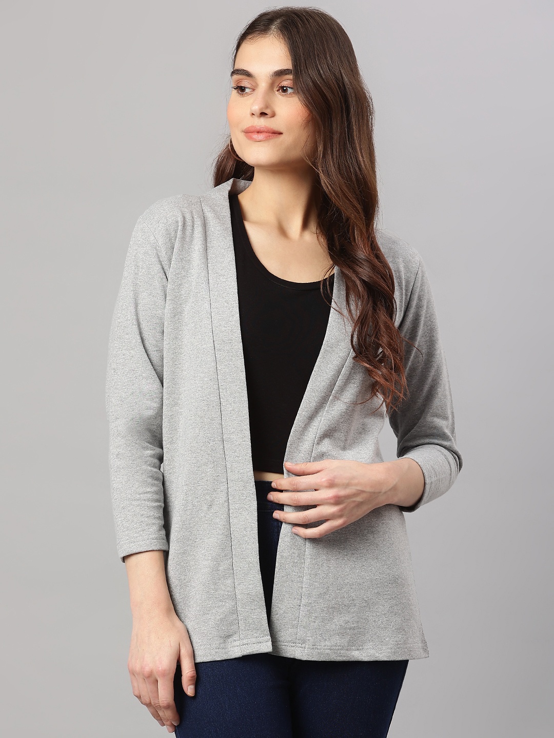 

WISSTLER Women Grey Melange Solid Front Open Shrug