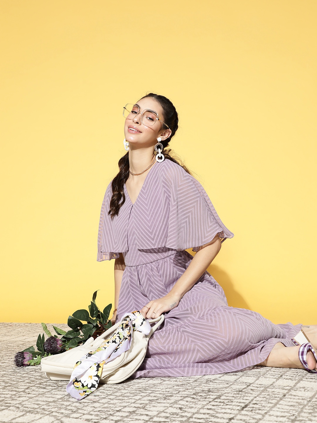 

Athena Women Elegant Lavender Self-Design Volume Play Dress