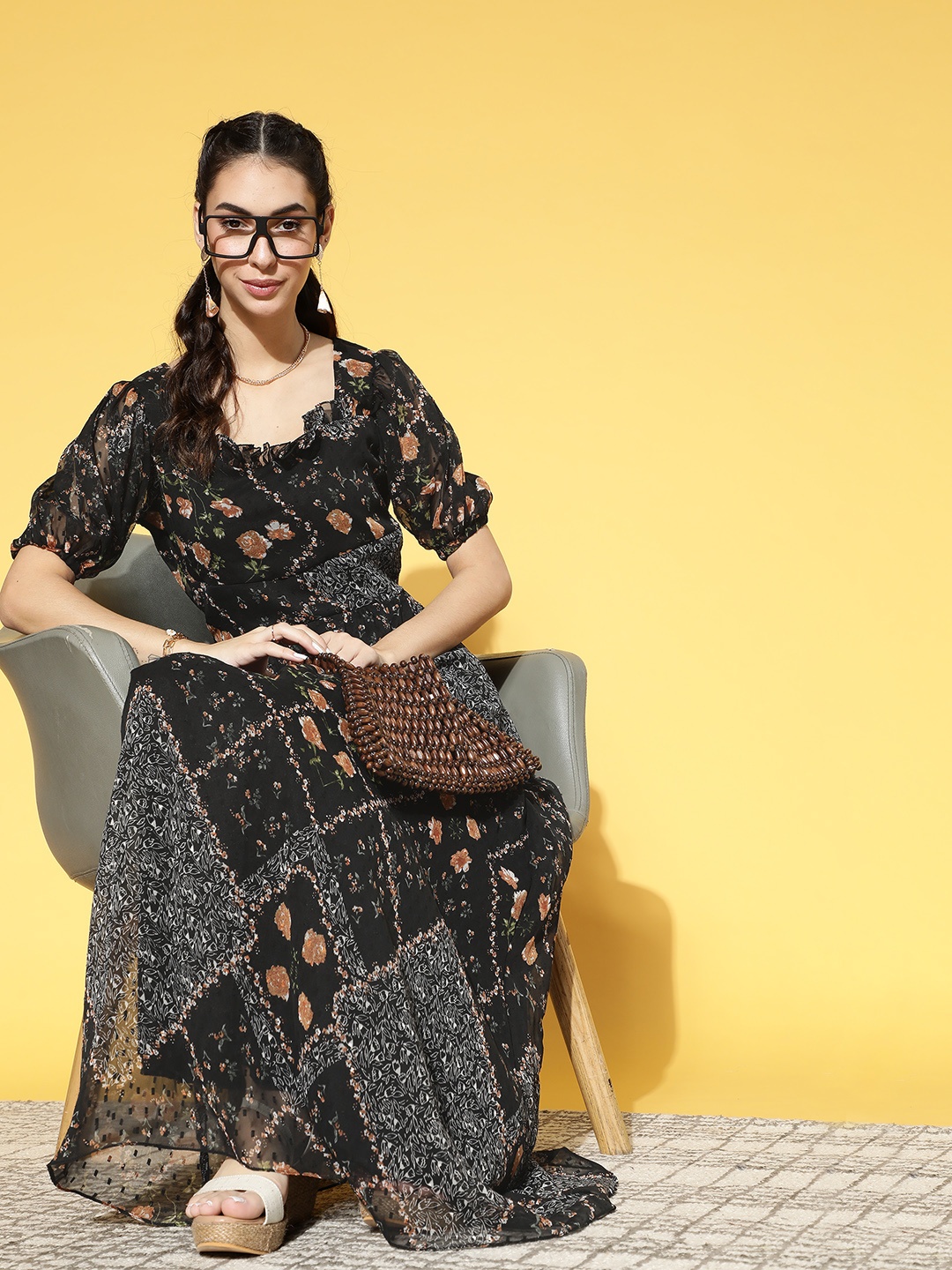 

Athena Women Stylish Black Floral Volume Play Dress