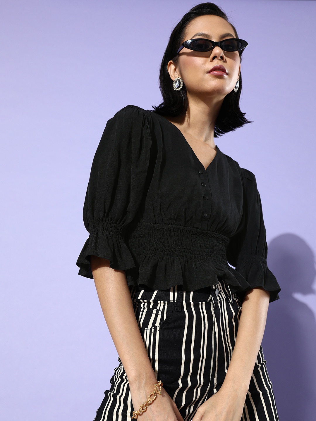 

EVERYDAY by ANI Women Stylish Black Solid Peplum Top