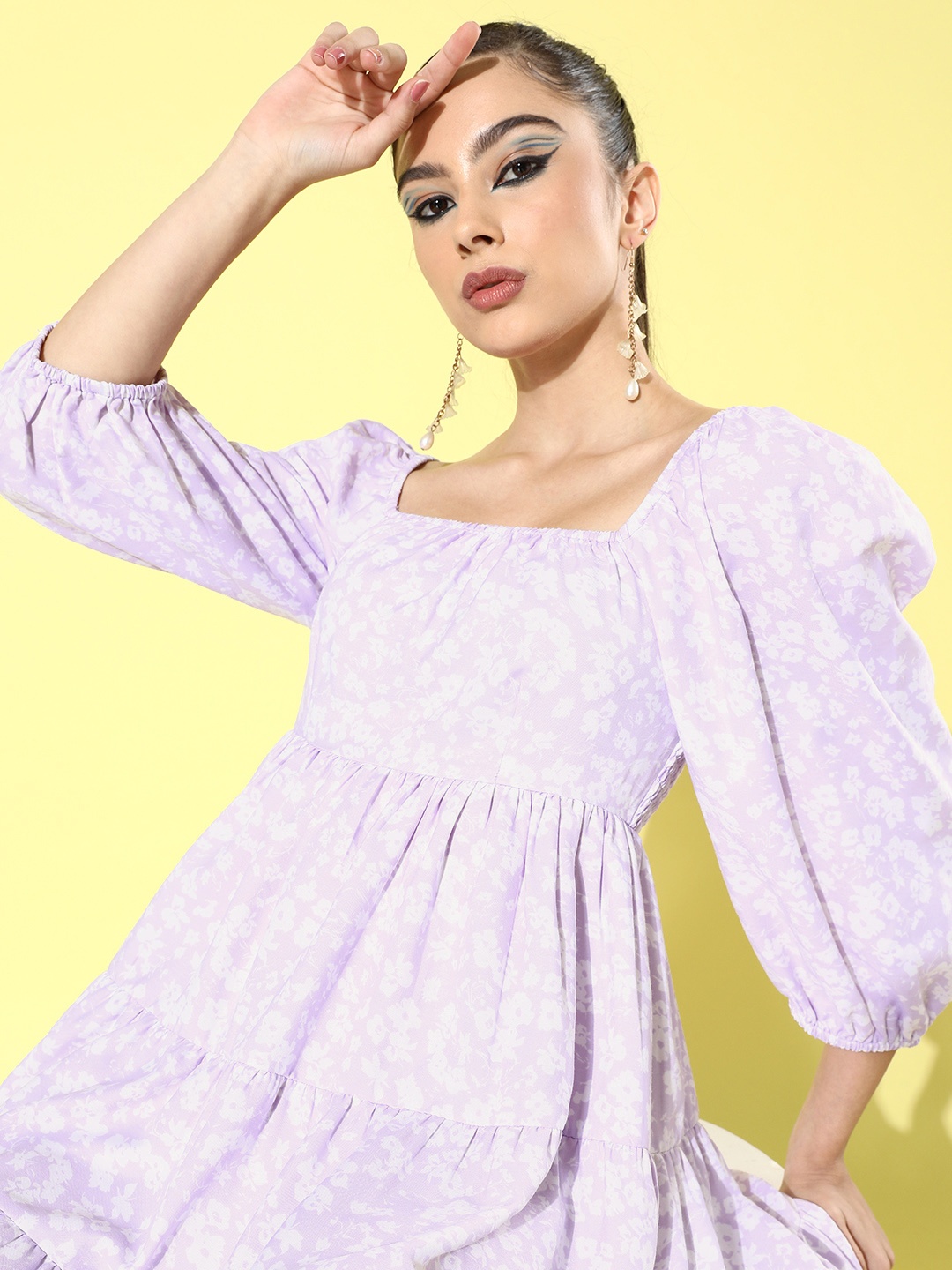 

ANI Women Elegant Violet Floral Tiered Dress