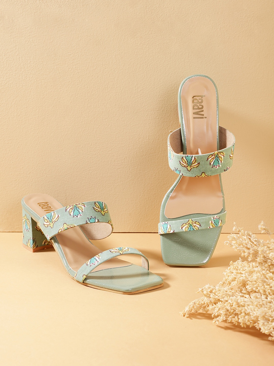 

Taavi Sea Green & Blue Printed Block Heels