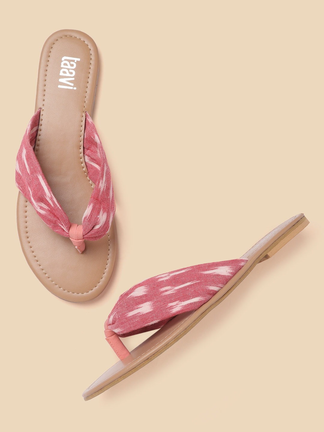 

Taavi Women Coral Red & White Woven Design Open Toe Flats