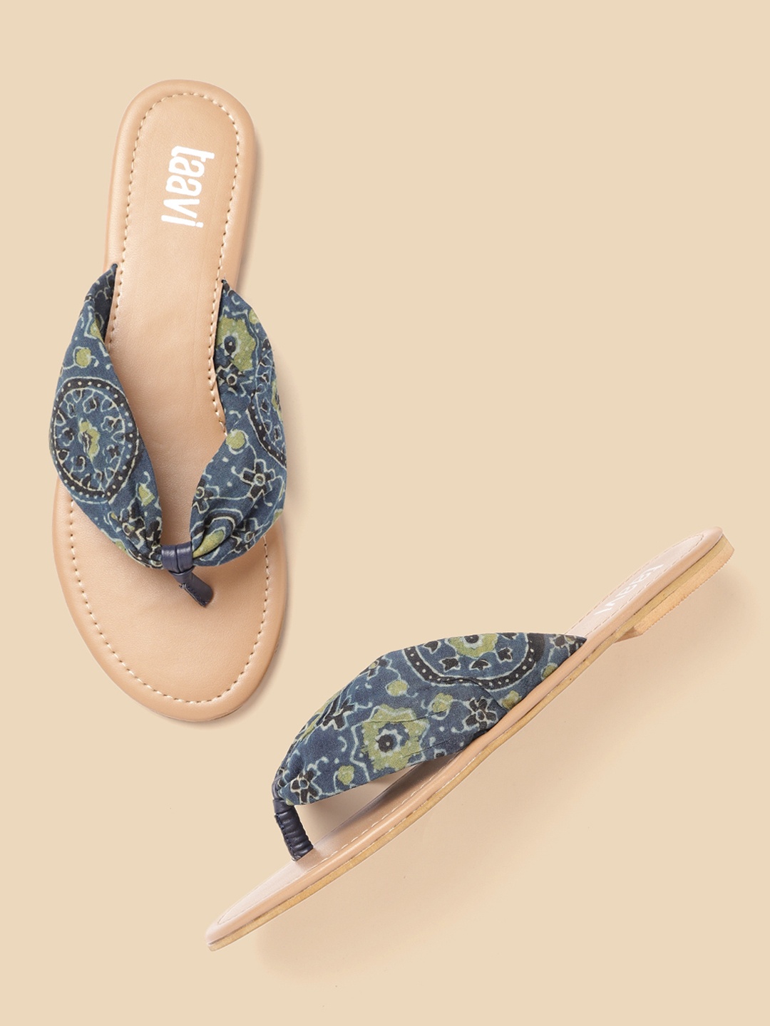 

Taavi Women Navy Blue & Olive Green Ethnic Motifs Printed Open Toe Flats