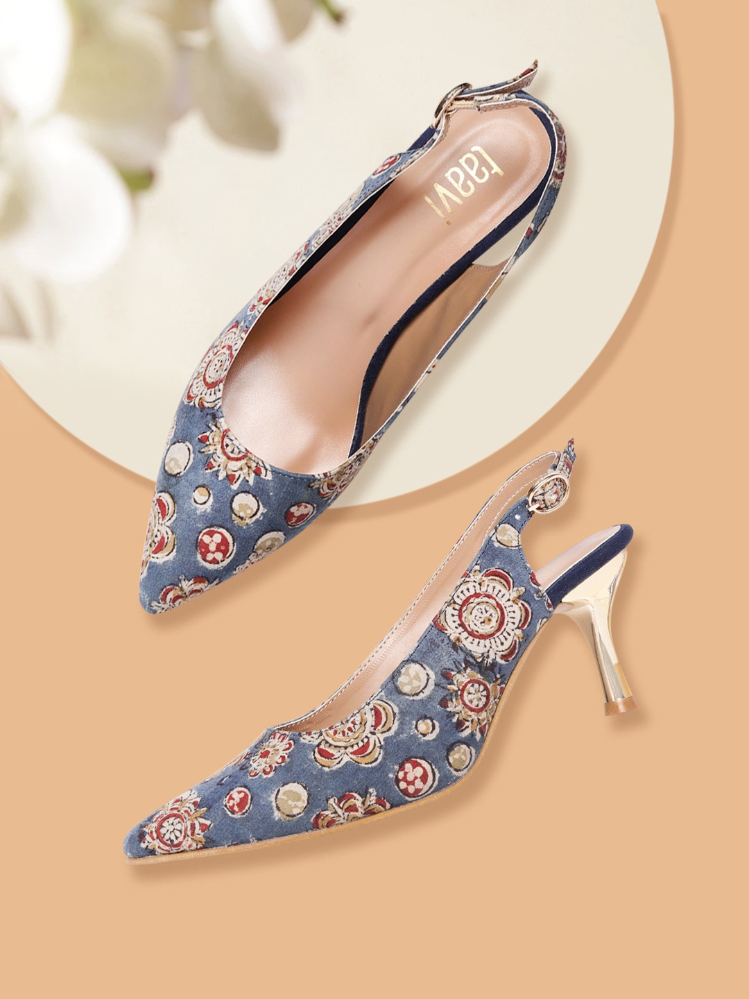 

Taavi Blue & Off White Printed Slim Heel Mules
