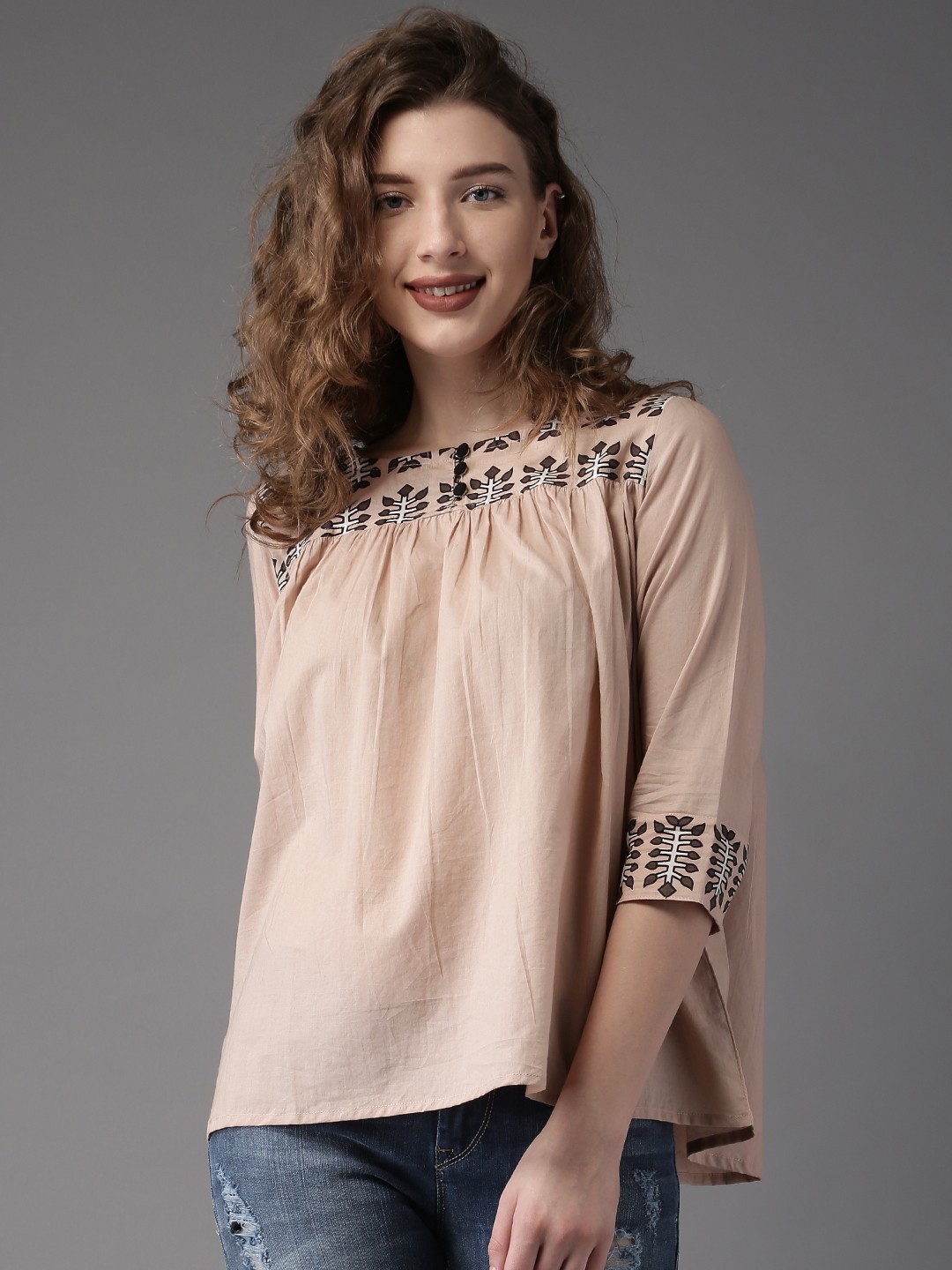 

Moda Rapido Women Peach-Coloured Boxy Fit Pure Cotton Top