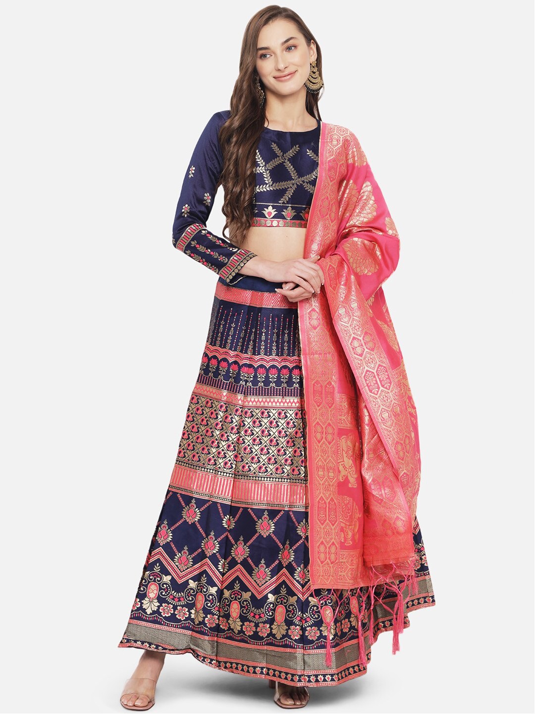 

Mitera Women Pink & Navy Blue Stitched Lehenga & Unstitched Blouse with Dupatta