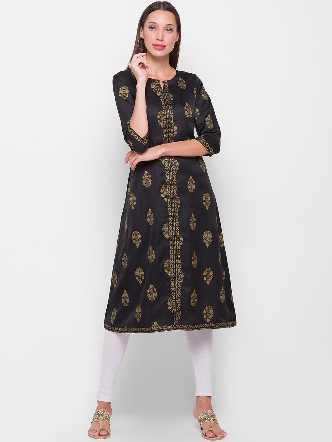 

Globus Women Black & Gold-Coloured Ethnic Motifs Printed A-line Kurta