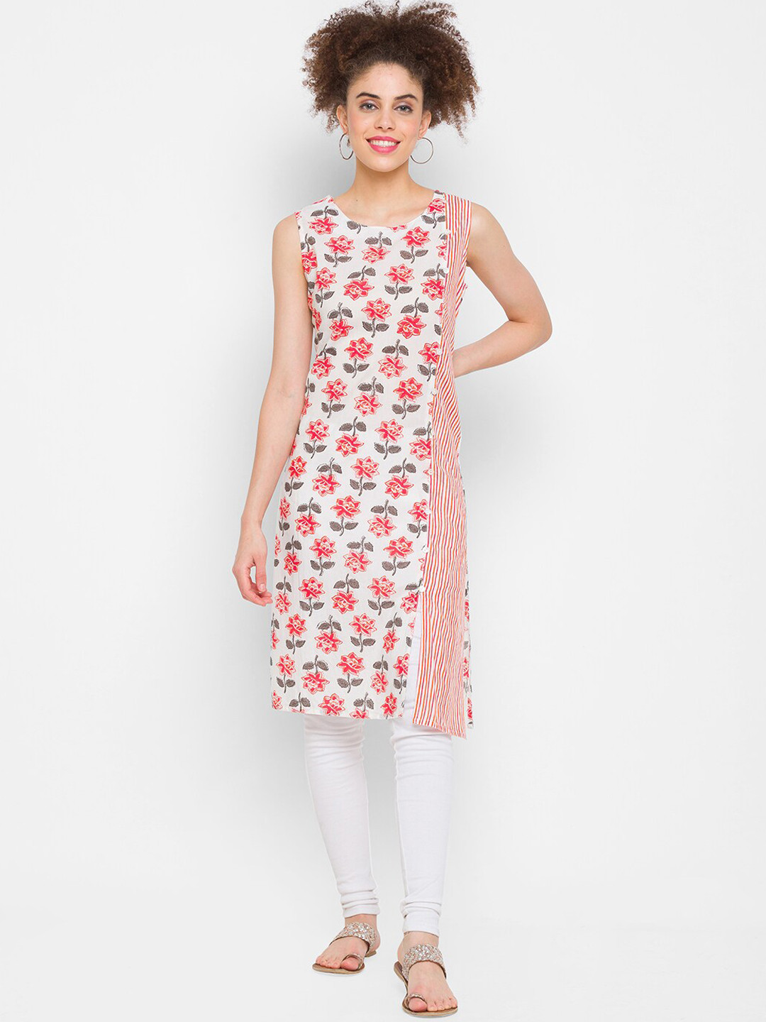

Globus Women Pink & White Floral Printed Cotton Kurta