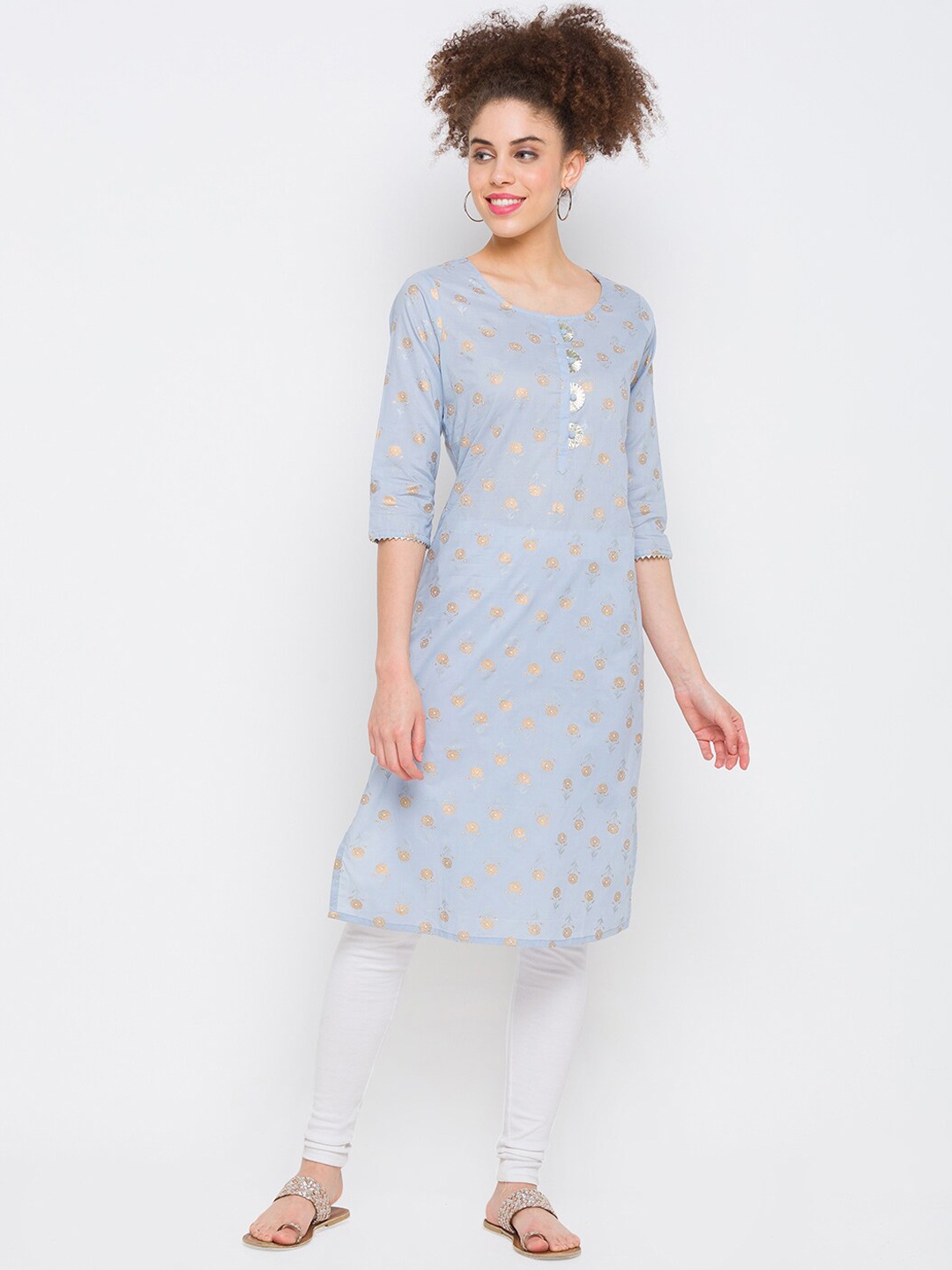 

Globus Women Blue & Gold-Toned Ethnic Motifs Printed Kurta