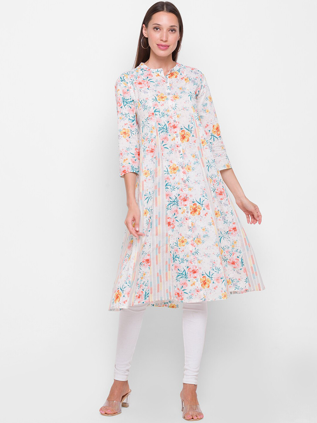 

Globus Women White & Multicoloured Floral Printed Floral Kurta