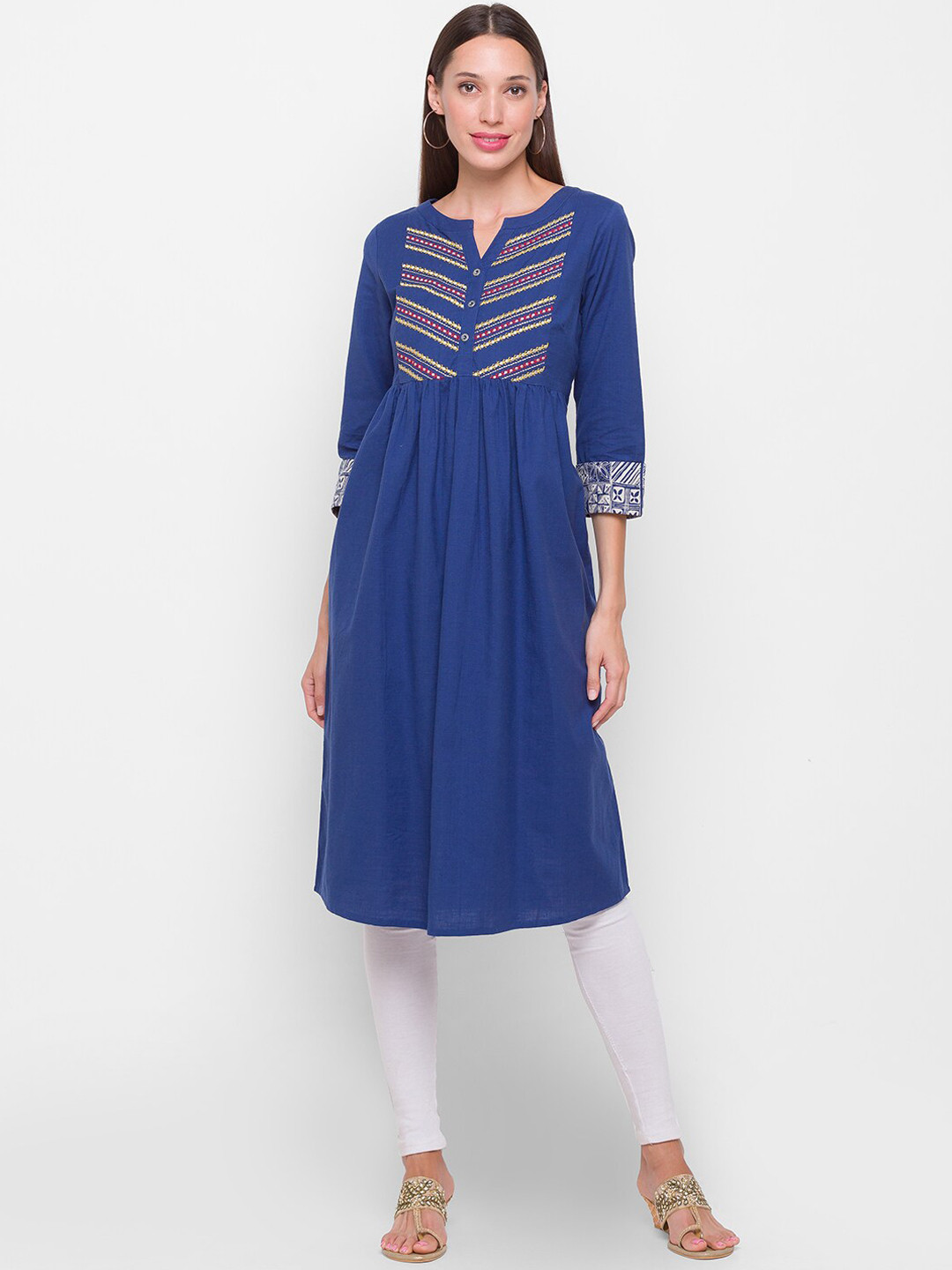 

Globus Women Blue & Yellow Striped Thread Work Kurta