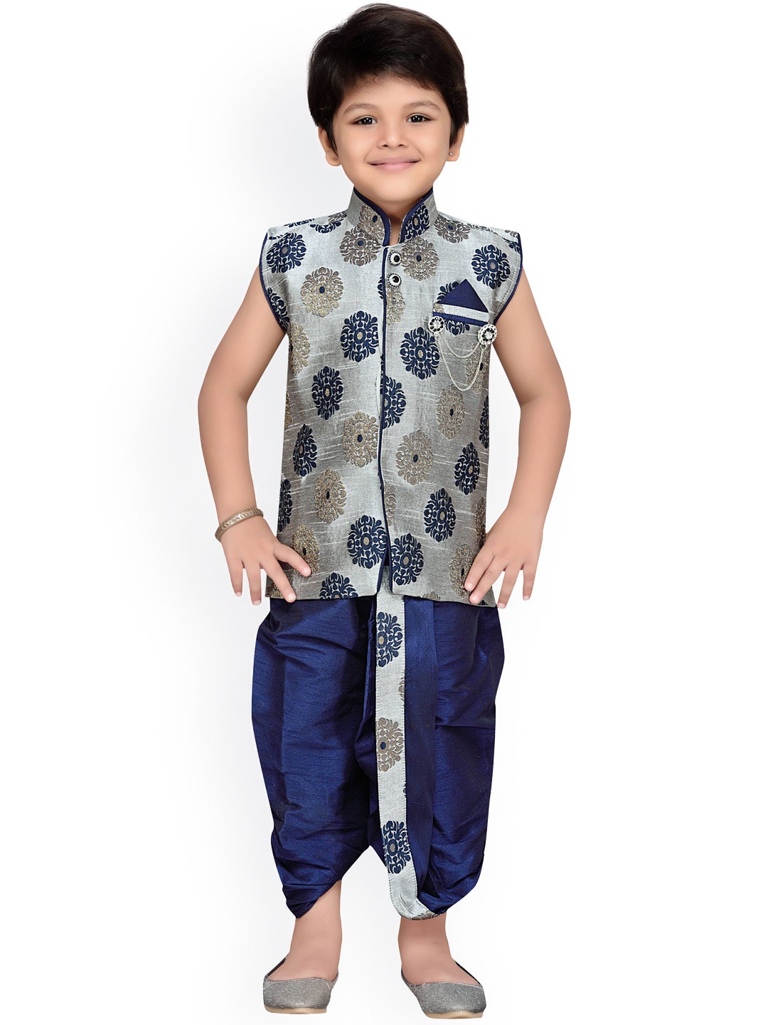 

Aj DEZInES Boys Grey & Navy Embellished Dhoti Set with Woven Design