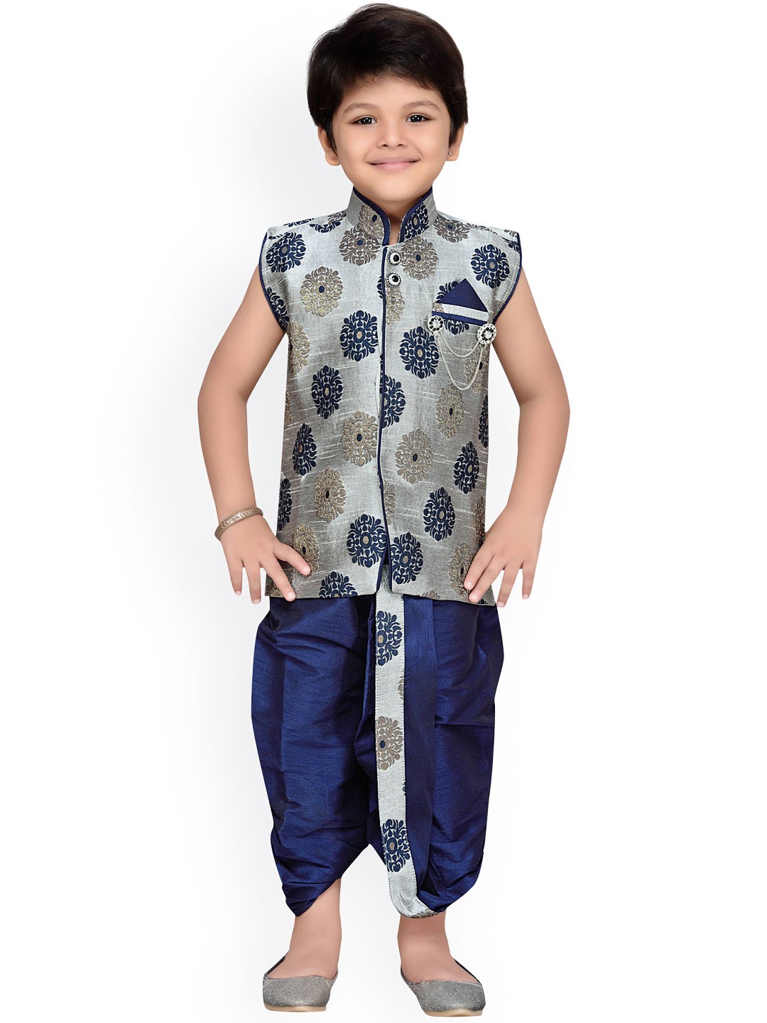 

Aj DEZInES Boys Grey & Navy Embellished Dhoti Set with Woven Design