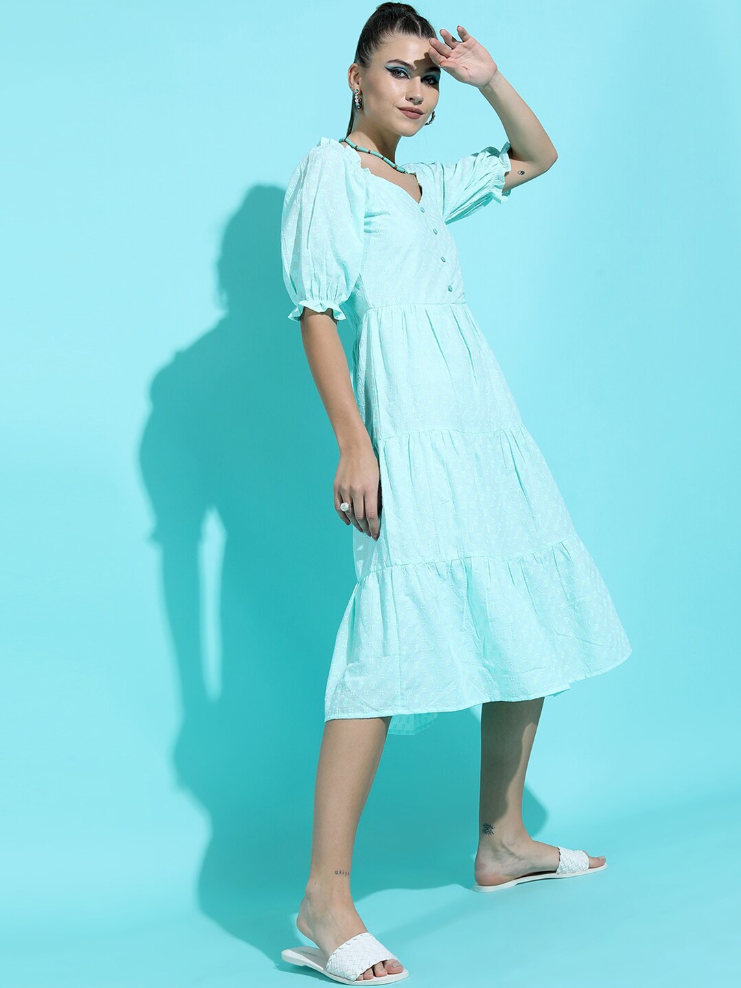 

Tokyo Talkies Women Tranquil Teal Self-Design Dress
