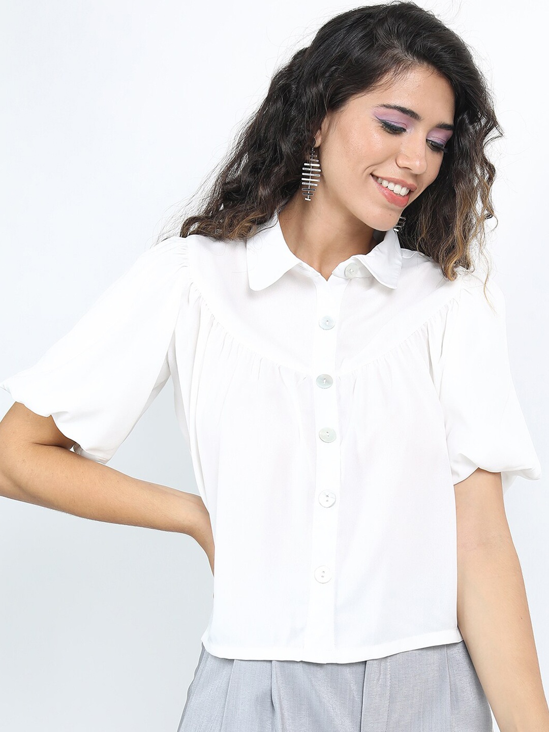 

Tokyo Talkies White Gathered Puff Sleeves Shirt Style Top