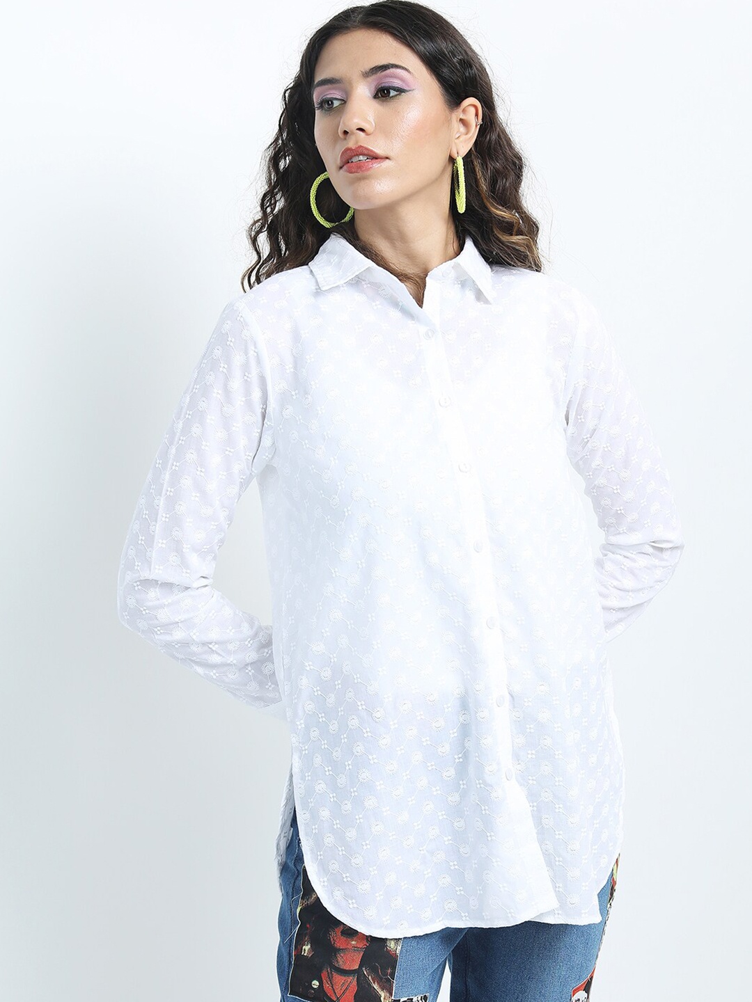 

Tokyo Talkies Women White Floral Schiffli Casual Shirt