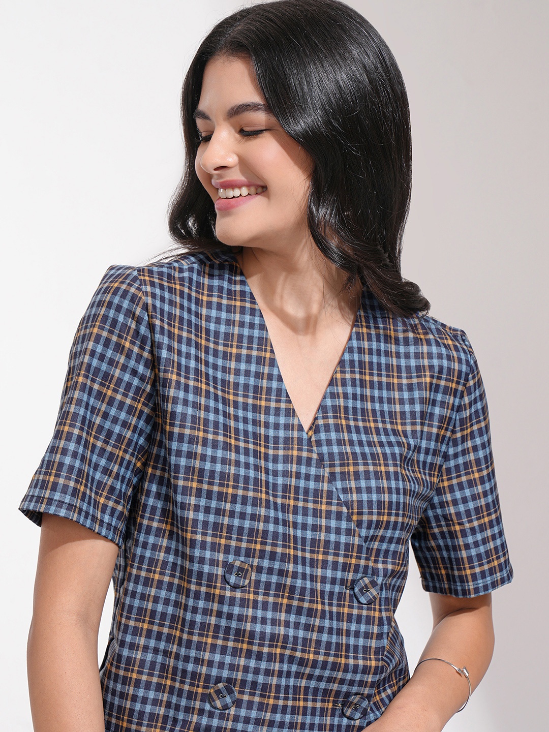 

CHIC BY TOKYO TALKIES Women Blue Checked Casual Blazer