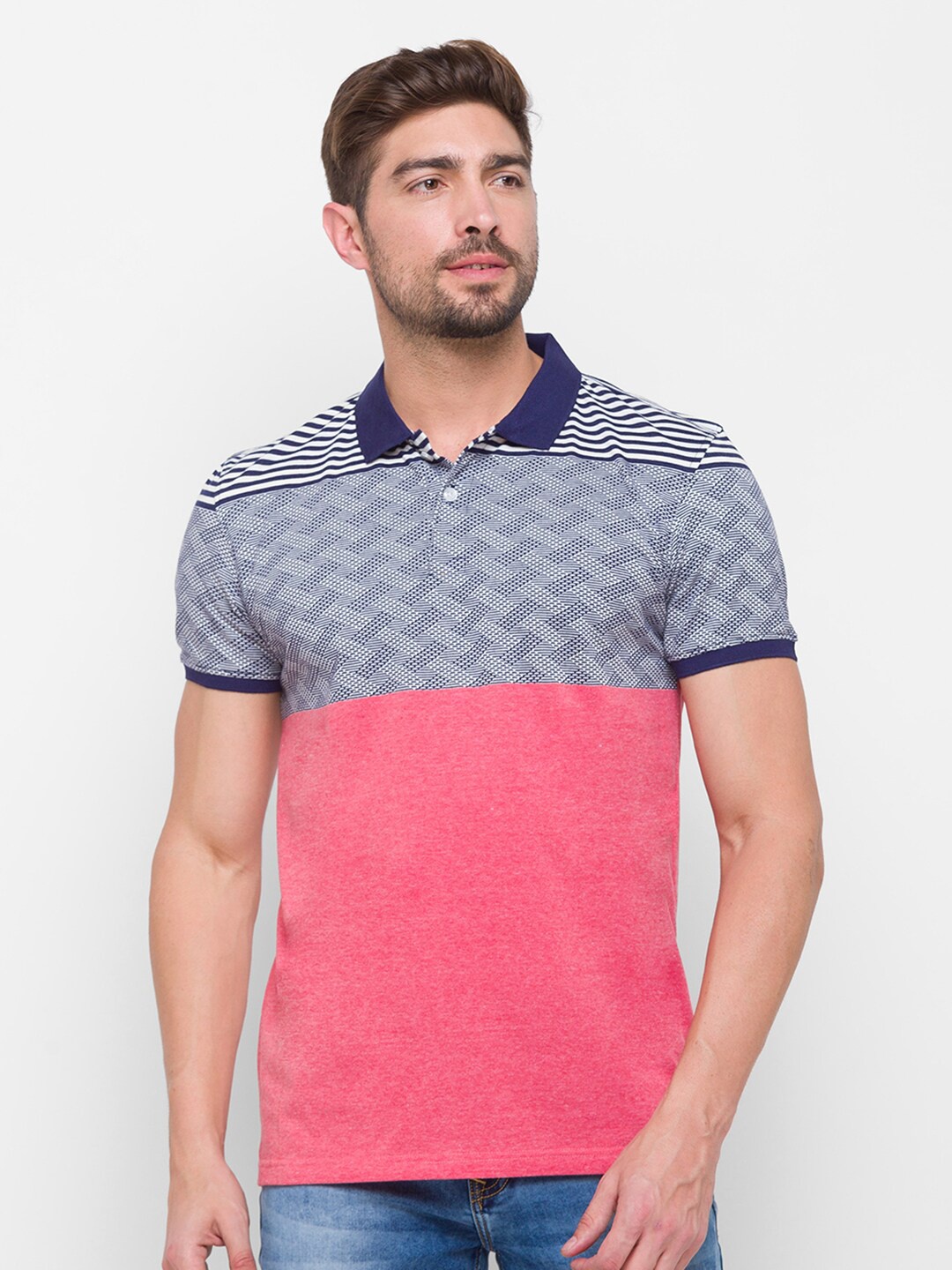 

Globus Men Coral & Blue Geometric Polo Collar Pure Cotton T-shirt