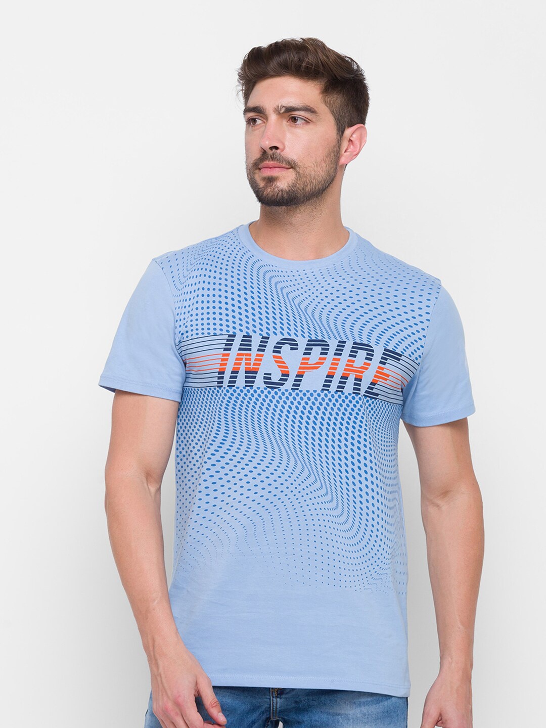 

Globus Men Blue Typography Printed Pure Cotton T-shirt
