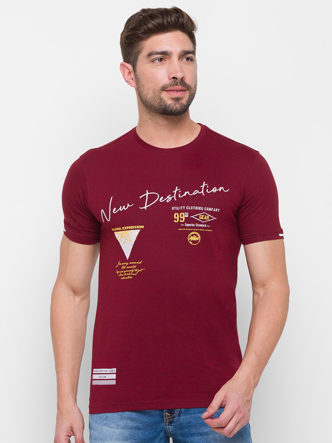 

Globus Men Maroon Typography Printed Pure Cotton Slim Fit T-shirt