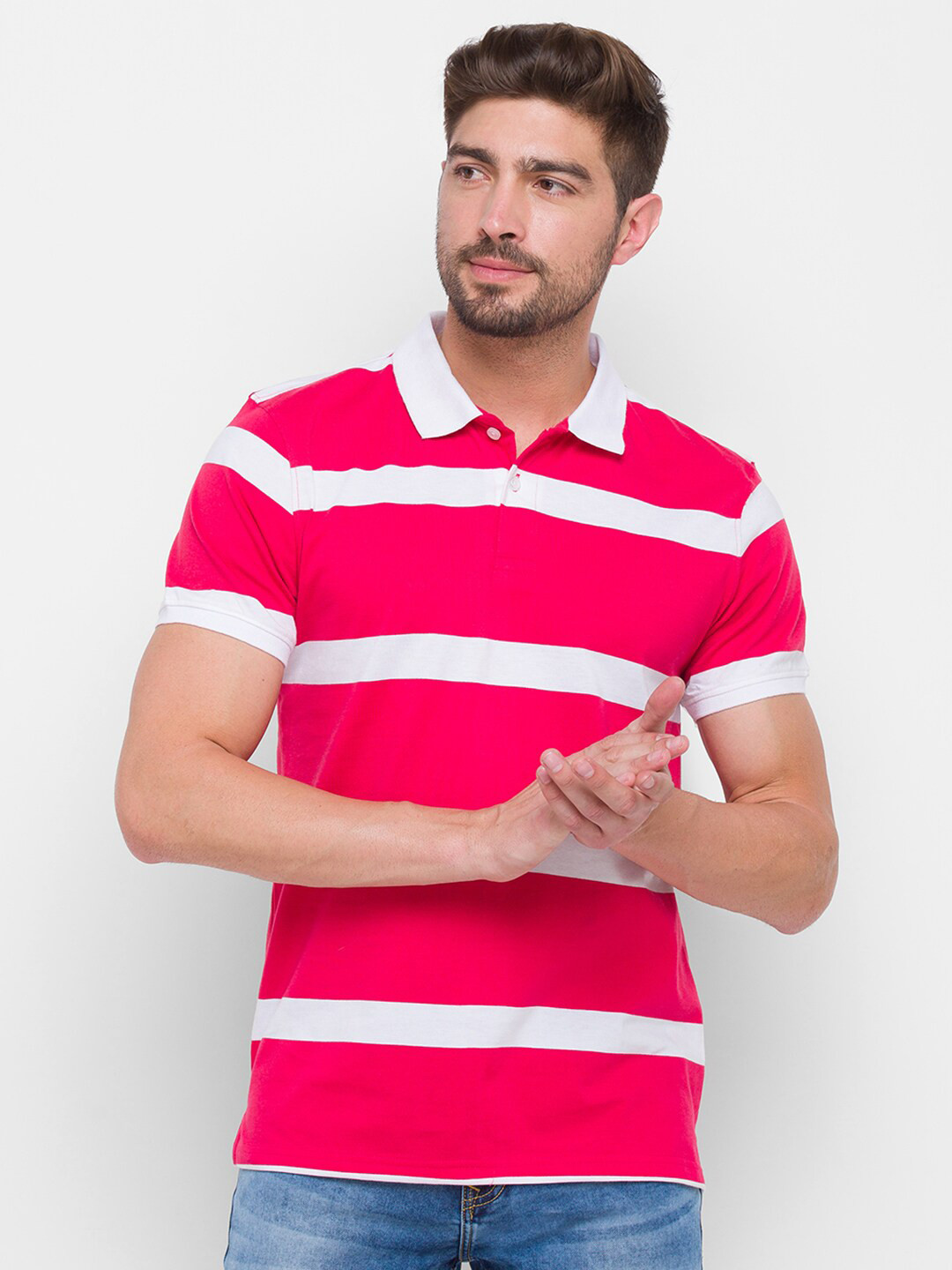 

Globus Men Red & White Striped Polo Collar Pure Cotton T-shirt