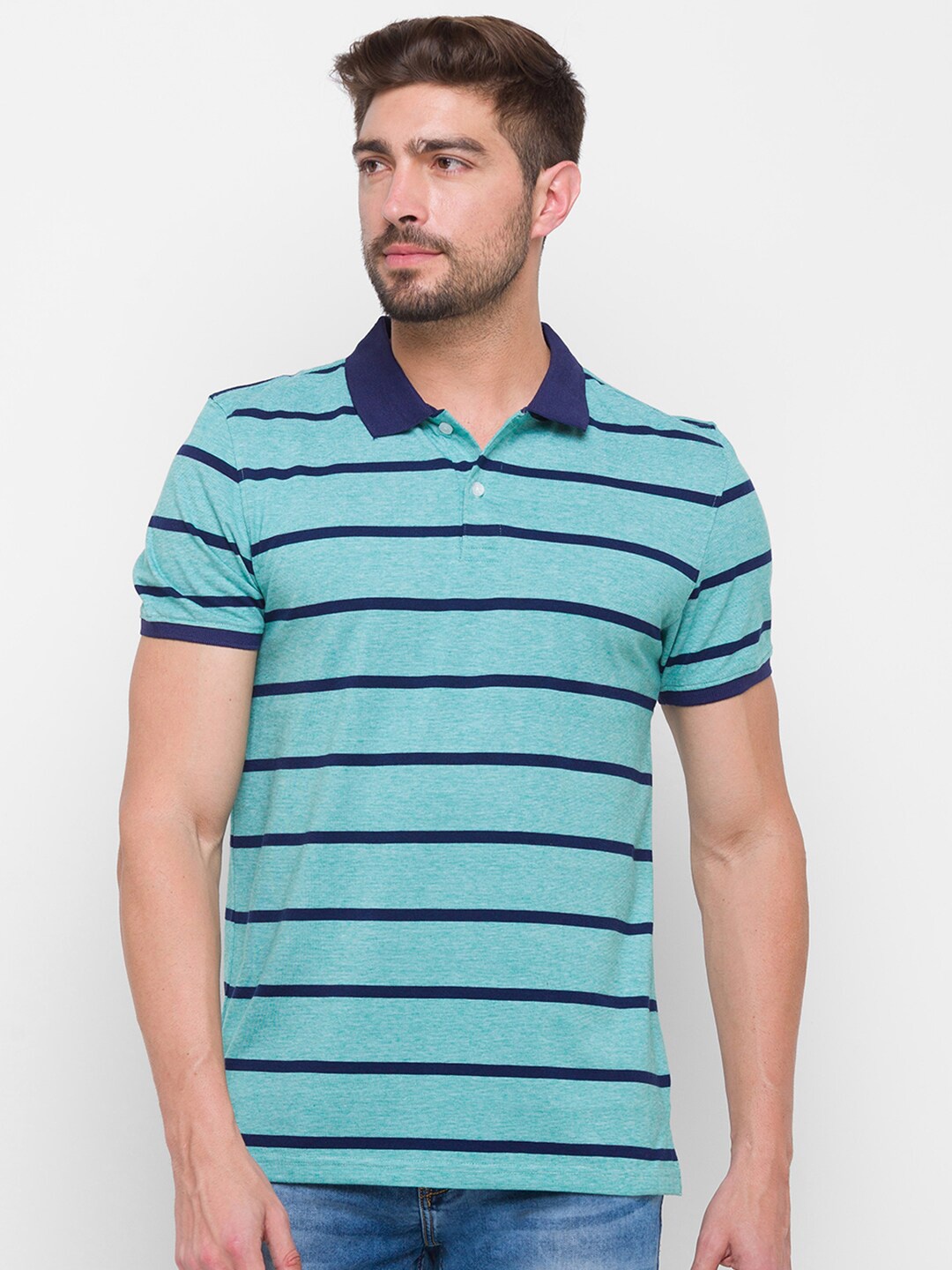 

Globus Men Green & Navy Blue Striped Polo Collar Pure Cotton T-shirt