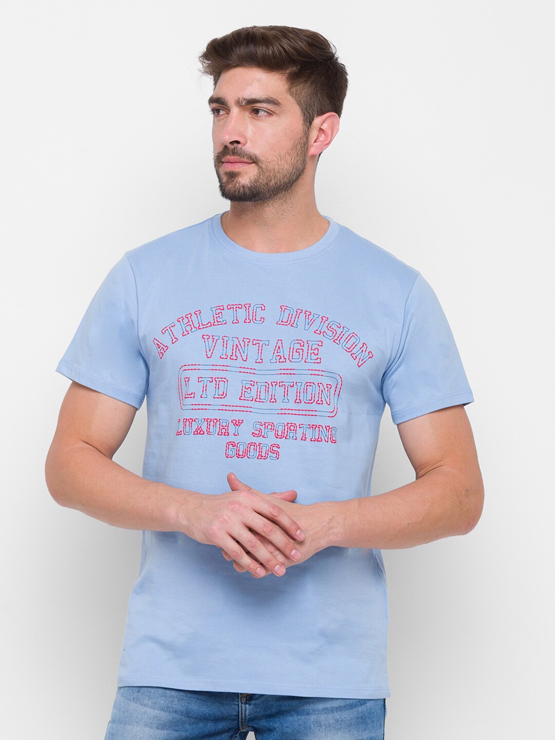 

Globus Men Blue Typography Printed Pure Cotton T-shirt