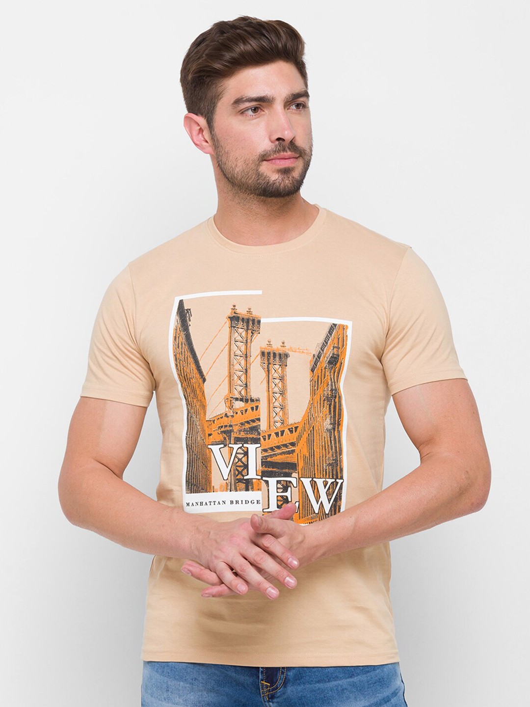 

Globus Men Beige Printed Pure Cotton T-shirt