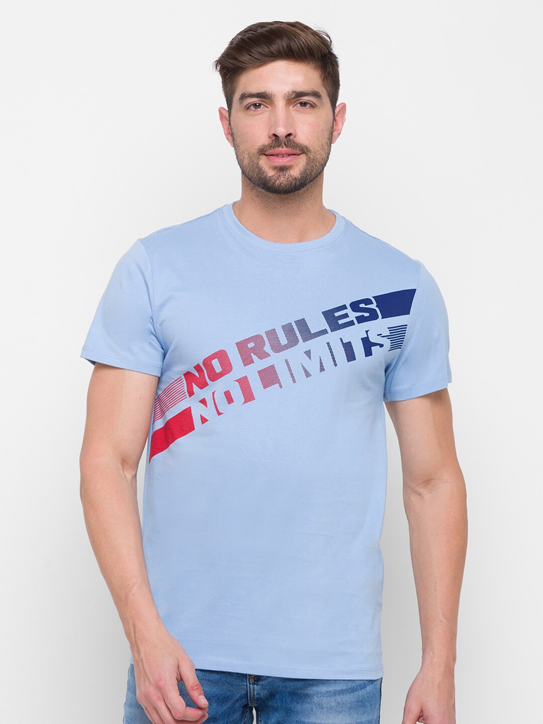 

Globus Men Blue Typography Printed Pure Cotton T-shirt