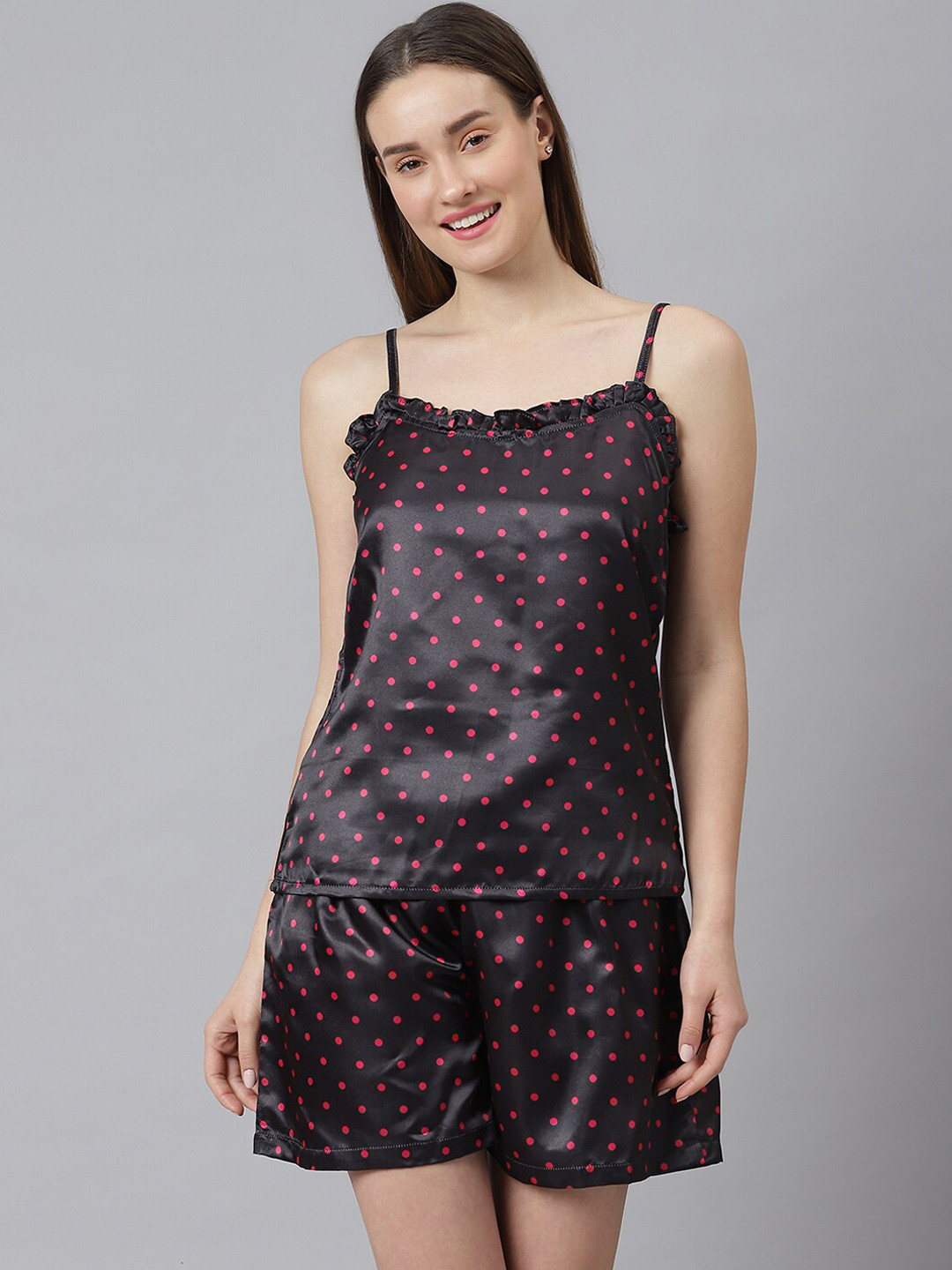 

Cation Women Black & Pink Polka Dot Printed Satin Night Suit