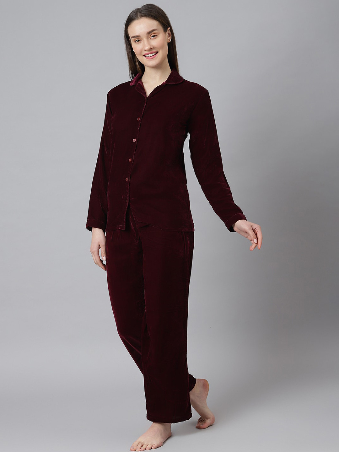 

Cation Women Maroon Solid Velvet Night suit