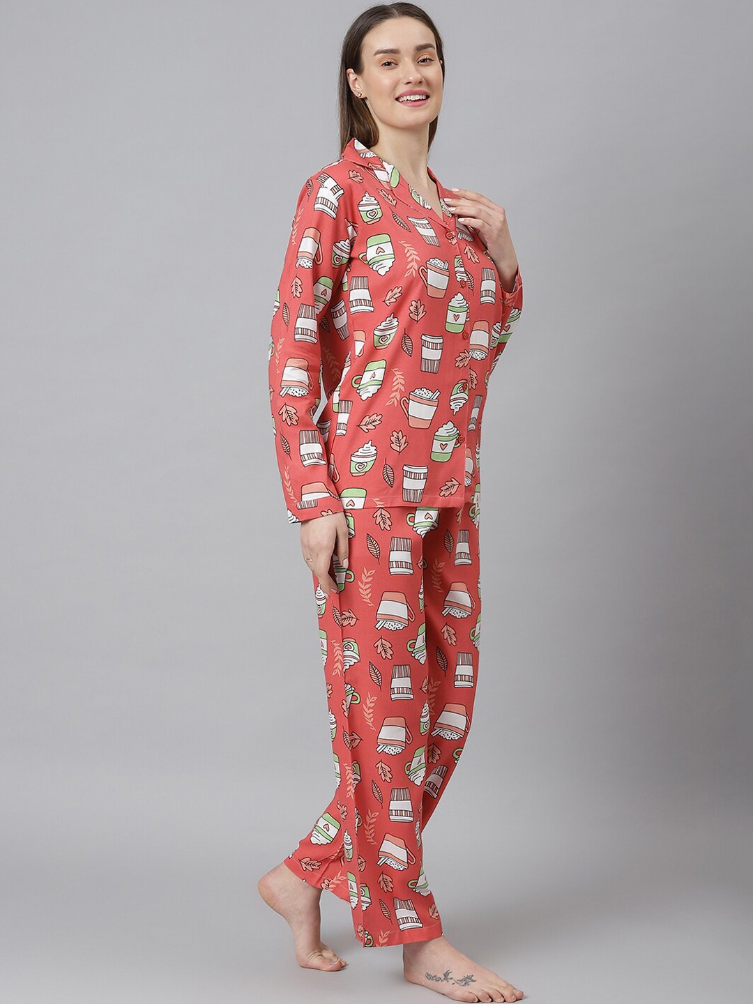 

Cation Women Orange & White Printed Night Suit