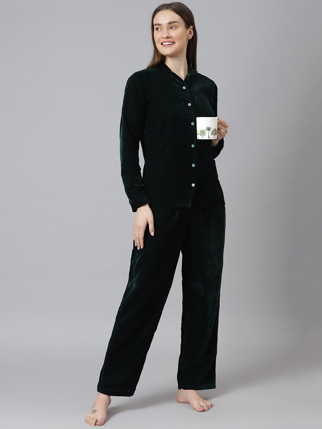 

Cation Women Green Solid Night Suit